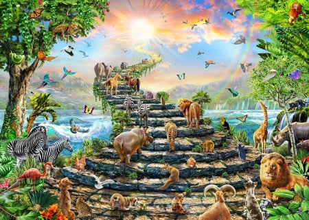 Heaven - stairs, sky, animal, all, adrian chesterman, fantasy, heaven