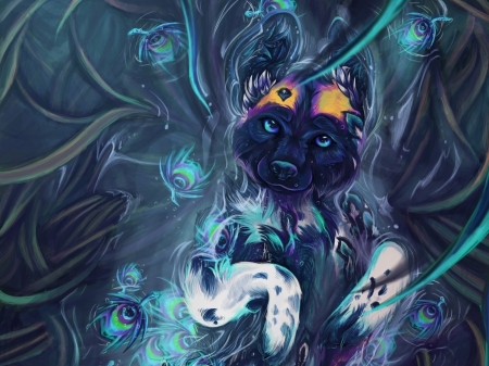 Peacock wild dog - blue, bianca chionis, dog, fantasy, white, peacock, paw, caine, luminos, wild