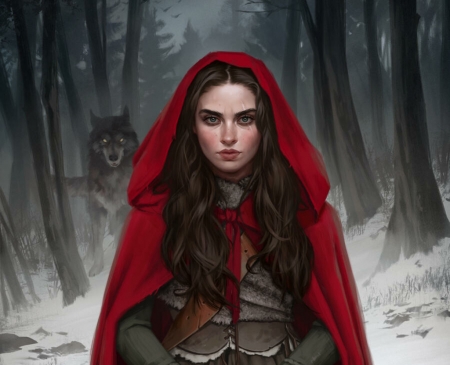 Red Riding Hood - wolf, girl, forest, fernanda suarez, lup, fantasy, red riding hood, fdasuarez, art, luminos