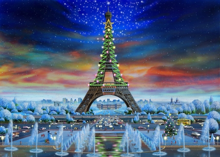 Eiffel Tower - lights, water, eiffel tower, craciun, christmas, france, paris, tree, adrian chesterman