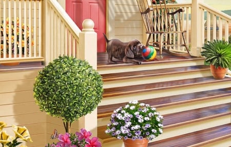 :) - stairs, vara, porch, puppy, summer, ball, fantasy, pink, green, tree, adrian chesterman