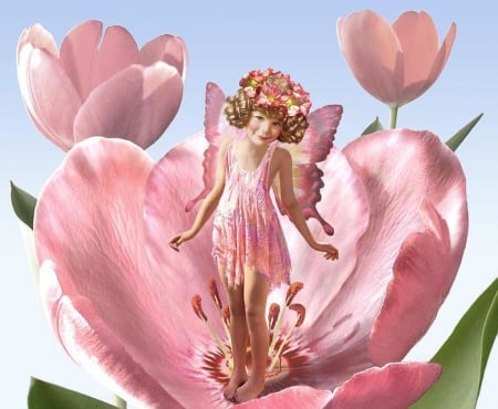 Fairy - girl, pink, tulip, fairy, adrian chesterman, cute, fantasy, flower