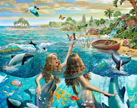 Playful mermaids - peste, water, summer, mermadi, girl, sea, adrian chesterman, children, copil, playful, fish, vara