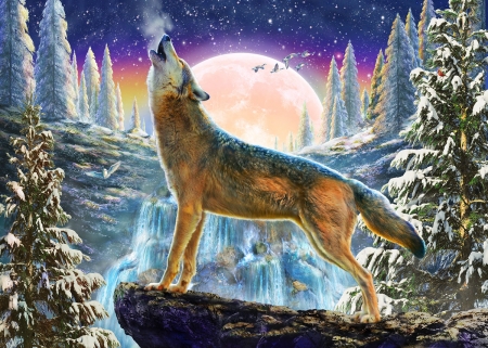 Howling - moon, winter, wolf, adrian chesterman, howl, lup, fantasy, iarna, luminos, luna