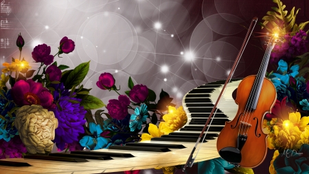 Music - bokeh, Firefox theme, piano keys, violin, flowers, music, instruments, strings, floral, bow