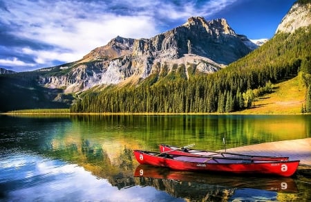 Yoho National Park, Canada - reflections, canoes, sky, lake, pier, trees, water, mountains