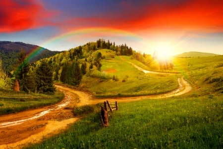 Rainbow over hills - path, hills, sunset, rainbow, mountain, sky