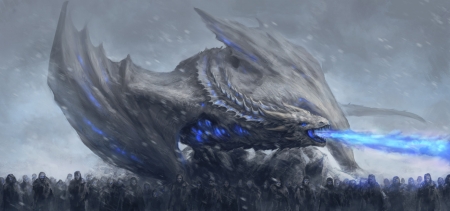 White Walkers and the Dragon - fantasy, elkaart, art, grey, luminos, blue, dragon, white walkers, fantays, game of thrones