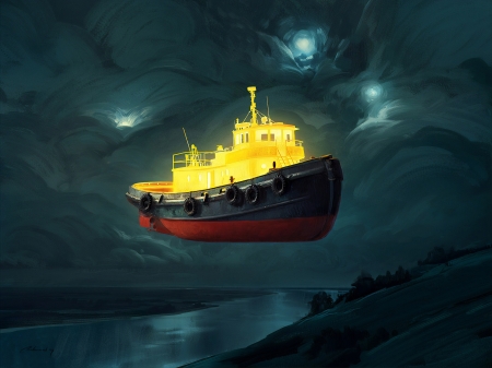 Floating in the dark - night, water, fantasy, ship, art, yellow, rhads, luminos, blue