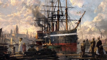 :) - pictura, people, painting, ship, port, art