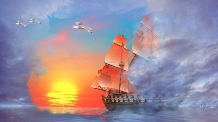 Sea Collage - birds, sea gulls, sunset, ship, collage, sea, ocean, sky