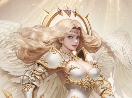 Archangel - girl, blonde, angel, frumusete, fantasy, archangel, wings, sung won kang, luminos