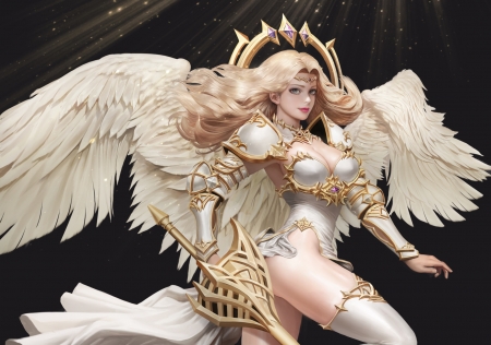 Archangel - girl, blonde, angel, black, frumusete, fantasy, white, archangel, wings, sung won kang, luminos