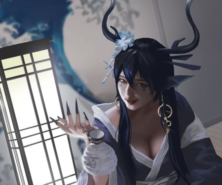 Demoness - girl, asian, fantasy, horns, white, art, blue, ojisan cai, kimono, demon