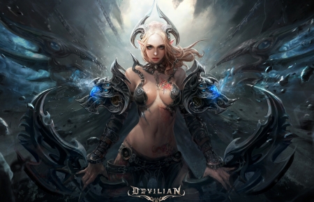 Demoness - frumusete, fantasy, tae hyun kim, girl, demon, luminos, horns