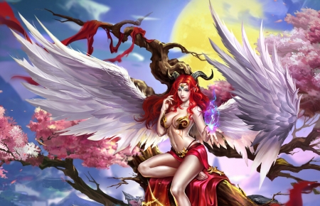 Angel - moon, blue, girl, feather, pink, frumusete, fantasy, white, redhead, red, wings, qiang lee, luminos, luna