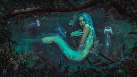 Mermaid - vara, girl, thebakaarts, jellyfish, summer, fantasy, underwater, blue, luminos, siren