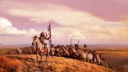 Native American And Horses - horses, sky, native, clouds, men, american