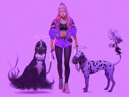 :) - caine, tomono rui, girl, pink, dog, fantasy