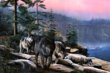 Wolves - lup, pictura, animal, wolf, painting, art