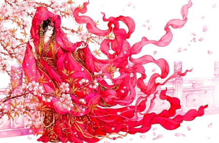 Vermilion - pretty, girl, veils, fantasy, oriental, red, digital, woman, art, wallpaper