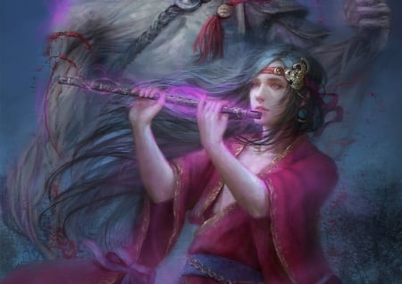 Demonic charmer - flute, girl, frumusete, instrument, fantasy, art, alexandra valentine, pink, luminos