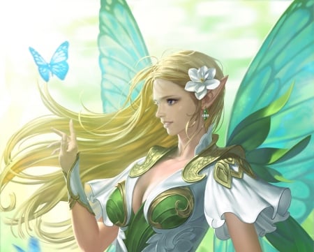 Fairy - blue, donfoo, girl, blonde, fantasy, green, wings, butterfly, fairy