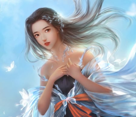 Girl - yankong bu, girl, frumusete, asian, fantasy, butterfly, luminos, blue, orange