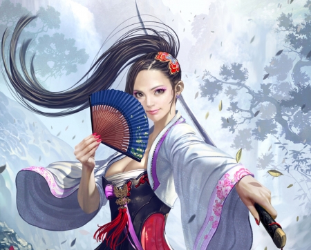 Girl - hand fan, donfoo, girl, samurai, frumusete, fantasy, evantai, katana, asian, luminos