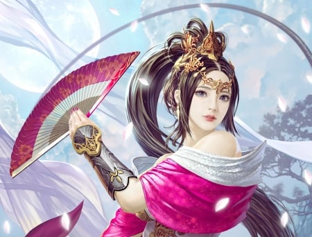 Diao Chan - hand fan, donfoo, girl, pink, frumusete, fantasy, evantai, asian, luminos