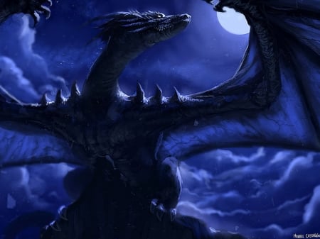 Dragon - moon, fantasy, manuel castanon, dragon, wings, shilhouette, night, luna