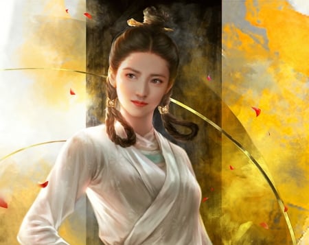 Girl - white, girl, yankong bu, yellow, luminos, asian, fantasy