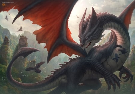 Dragon - black, fantasy, dragon, kerembeyit, red, wings, dark, luminos