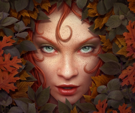 Goddess - kerembeyit, girl, frumusete, fantasy, goddess, autumn, red, face, leaf, luminos