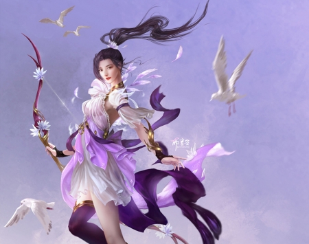 Archer - bird, archer, girl, pink, frumusete, yankong bu, pasari, fantasy, asian, luminos