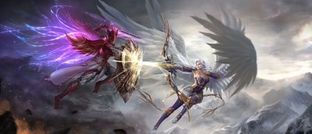 Angel's attack - girl, angel, jun t, junt, wings, fantasy, archer, fight, pink, luminos