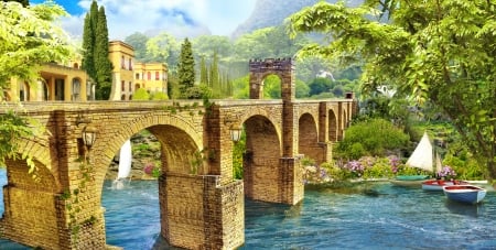 Antique bridge - stone, summer, beautiful, village, boats, river, nature, picturesque, Spain, bridge