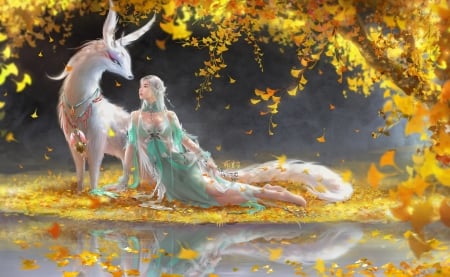 Fox girl - water, yellow, fox, girl, frumusete, yankong bu, fantasy, white, autumn, ginko biloba, leaf, luminos