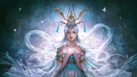 Empress - empress, blue, queen, girl, frumusete, yankong bu, fantasy, white, asian, luminos