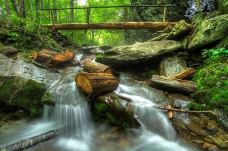 The Bridge at Alum Creek, Smoky Mountains - trees, water, waterfall, wood, forest, rocks