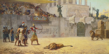 The diverssion of an assiryan king - lion, king, archer, painting, frederick arthur bridgman, art, man, pictura, arena