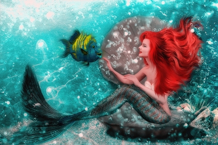 ARIEL - RED HAIR, FEMALE, MERMAID, OCEAN, FISH, BUBBLES