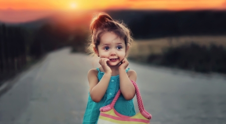 Little girl - blue, road, girl, pink, copil, child, sunset, purse, little