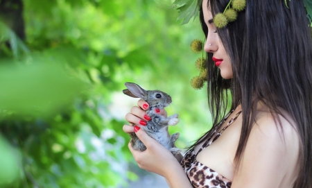 ♥ - rabbit, girl, bunny, animal, hand, green, woman, model, cute