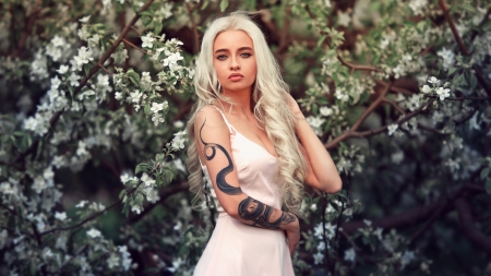 Beauty - white, tattoo, woman, girl, model, flower, daenerys, blonde