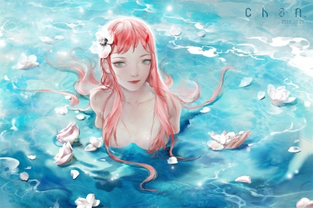 Mermaid - vara, girl, water, summer, fantasy, lotus, zero two darling, mermaid, pink, siren, luminos, blue, flower