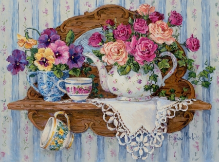 Flowers - rose, cup, painting, pansy, teapot, art, pink, blue, barbara mock, pictura, flower