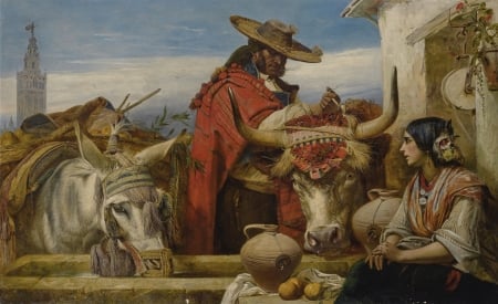 The market - woman, hat, couple, cow, horns, painting, art, man, pictura