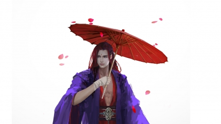 :) - blue, user 4060, petals, man, fantasy, white, umbrella, parasol, red, asian, luminos