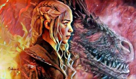 Daenerys - cehenot, fantasy, daenerys targaryen, painting, art, pink, pictura, by cehenot, dragon, game of thrones